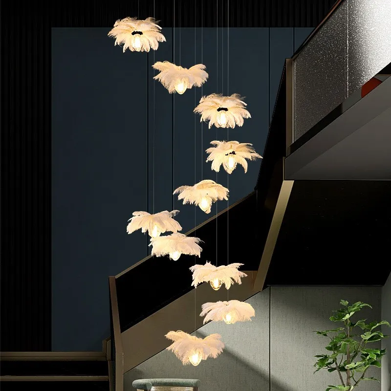 New Modern Staircase Feather Chandelier Ostrich Glass Design Pendant Chandelier Lighting Home Decor Suspend Lustre Fixtures