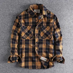 American Casual Wear Men Plaid Shirt Fashion Thickened Double Pocket Work Clothes Long Sleeved Shirt Male Tops Clothes