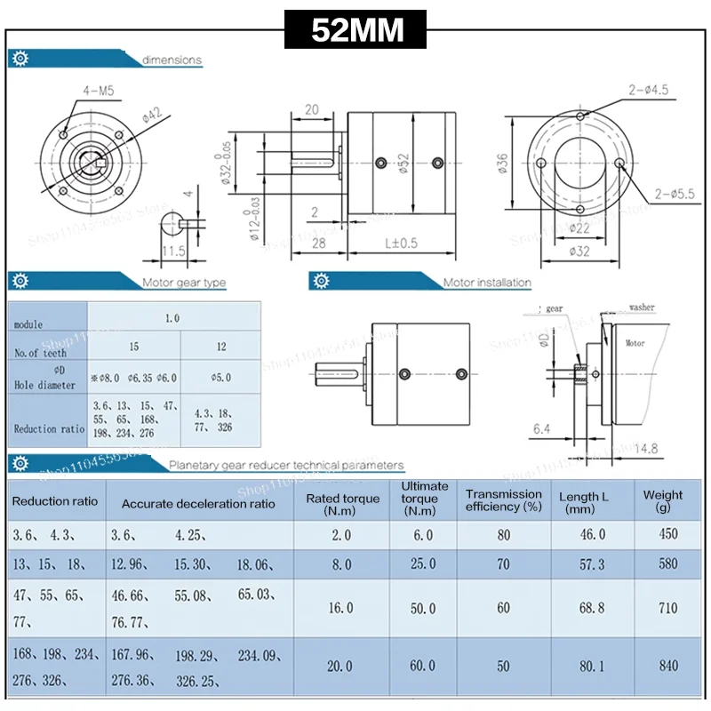 **Planetary Gearbox 52-56MM for DC/Stepper Motors - High Torque & Low Noise**