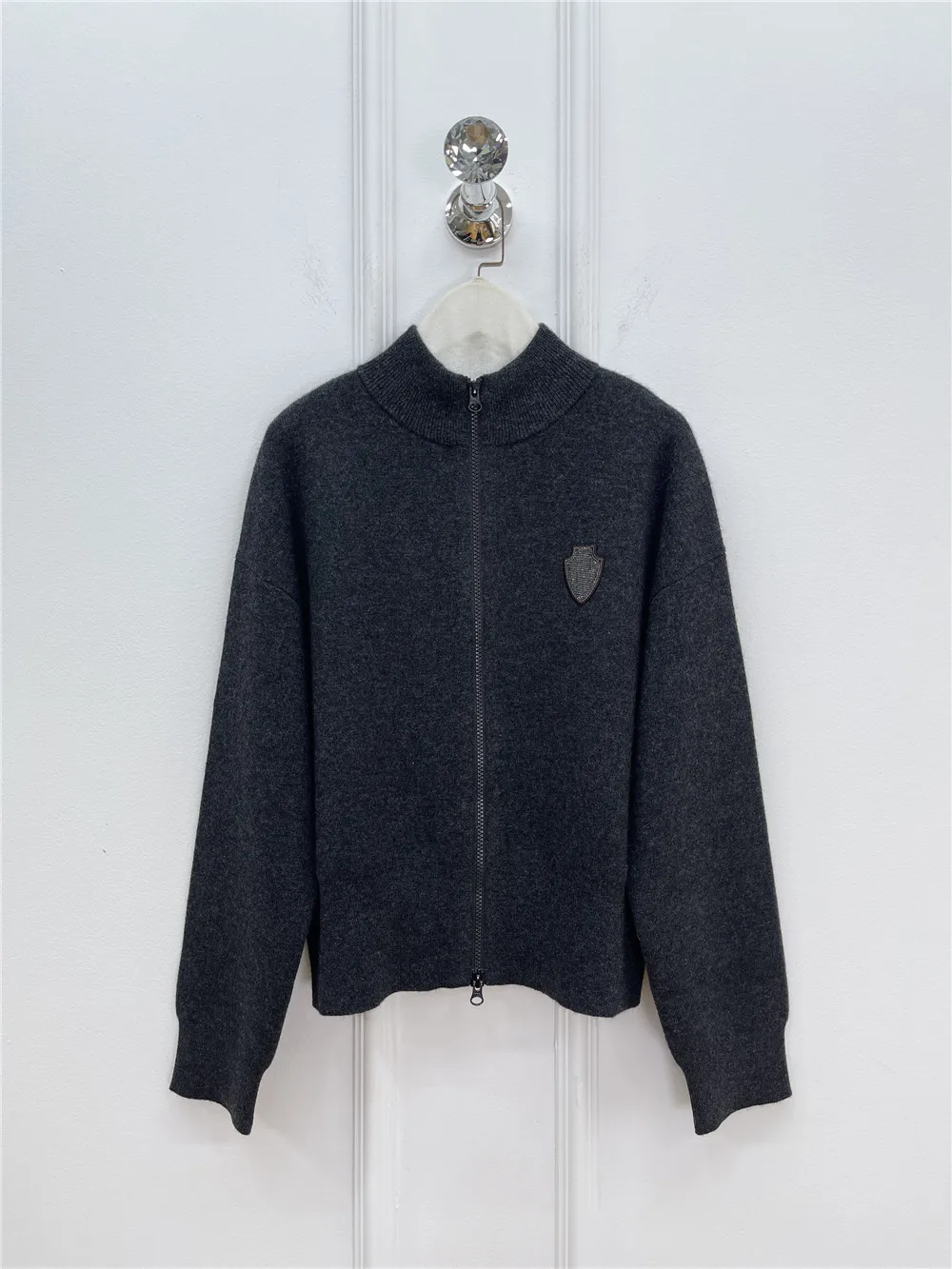 

25 Autumn/Winter Women's Stand up Collar Cashmere Wool Knitted Zipper cardigan Coat+Casual Versatile Straight Pants Set