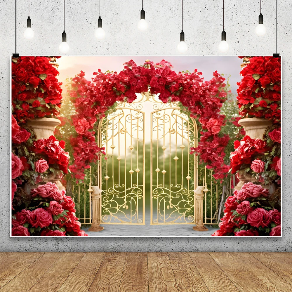 용수철 정원 사진 배경 붉은 장미 꽃 벽 배경, 웨딩 신부 샤워 파티 장식 배너 사진 부스