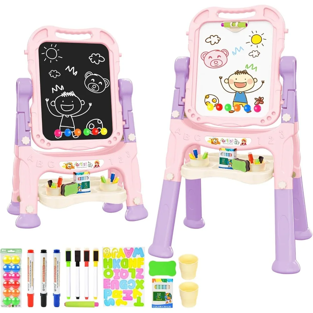 Amagoing Easel for Kids, Adjustable Standing Art Easel for Toddler, Double Magnetic Drawing Board with Painting Accessories