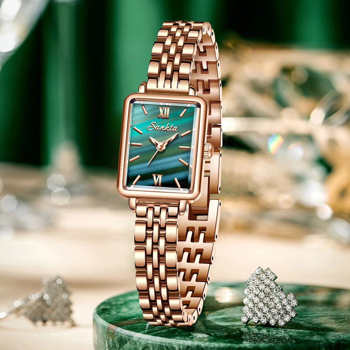 SUNKTA Fashion Rectangle Women Quartz Watch Ladies Roma Dial Wristwatches Rhinestone Bracelet Set Reloj Mujer Girls Clock Gift