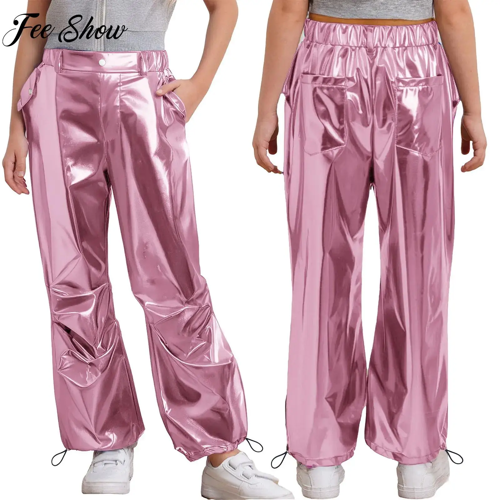 

New Girls Metallic Cargo Pants Kids Drawstring Leg Opening Trousers Teens Hip-Hop Jazz Dance Streetwear Performance Costumes