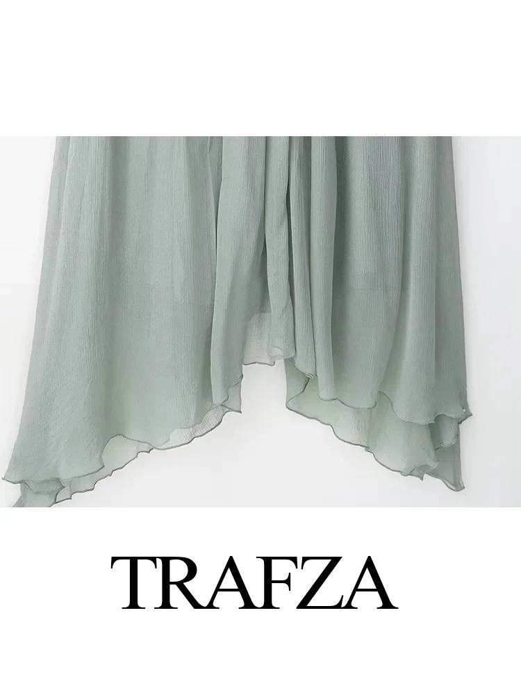 TRAFZA المرأة فستان صيفي أنيق الخامس الرقبة عارية الذراعين قصيرة الأكمام الصلبة فضفاض مطوي فساتين متوسطة الطول الإناث فستان طويل مثير غير رسمي