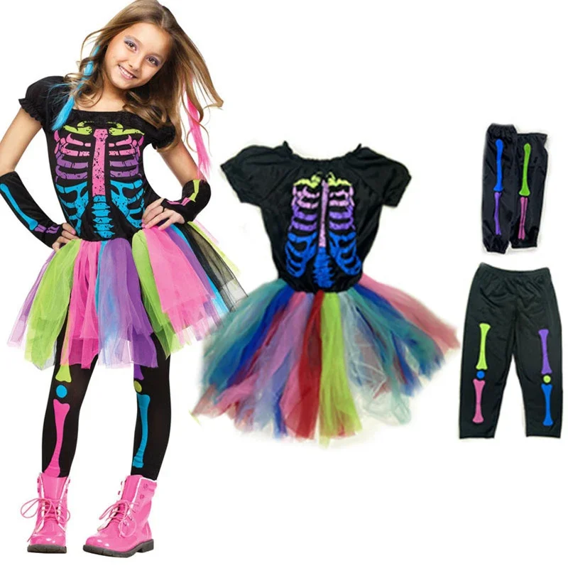 Vestido tutú de esqueleto de terror de arcoíris, disfraz de Halloween para niños y niñas, mono de esqueleto, fiesta de carnaval, vestidos elegantes 