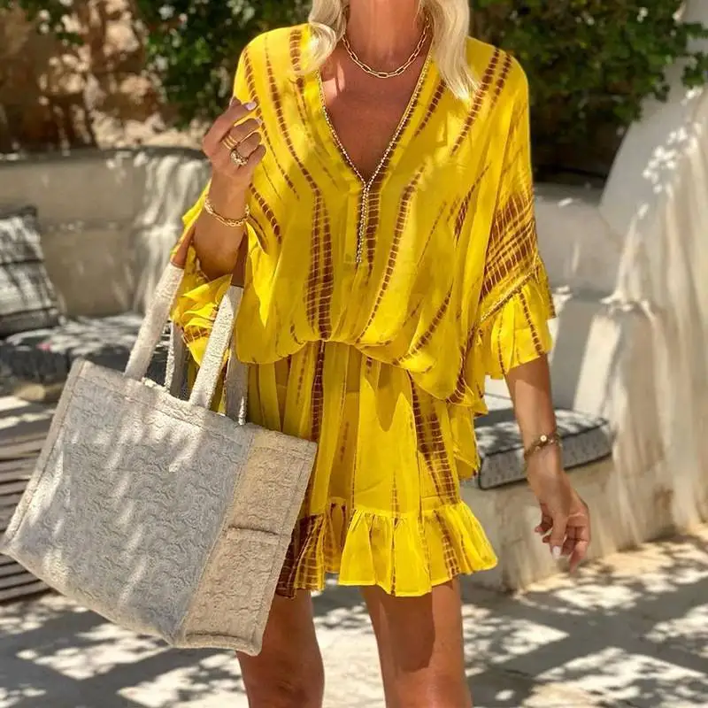 Bathing Suit Dresses Short Cape Beach Swimsuit Ladies Dress For Outerwear Clothing 2025 Women New Collection Bohemian Yellow