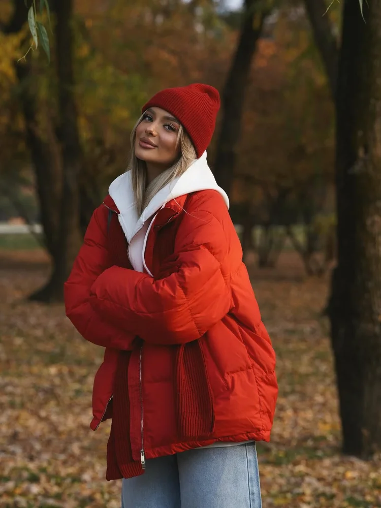 

Women Fashion Hooded Cotton Coat Retro Red Full-sleeved Stand Collar Zipper Pocket Warm Jacket Lady Winter Daily Street Coats