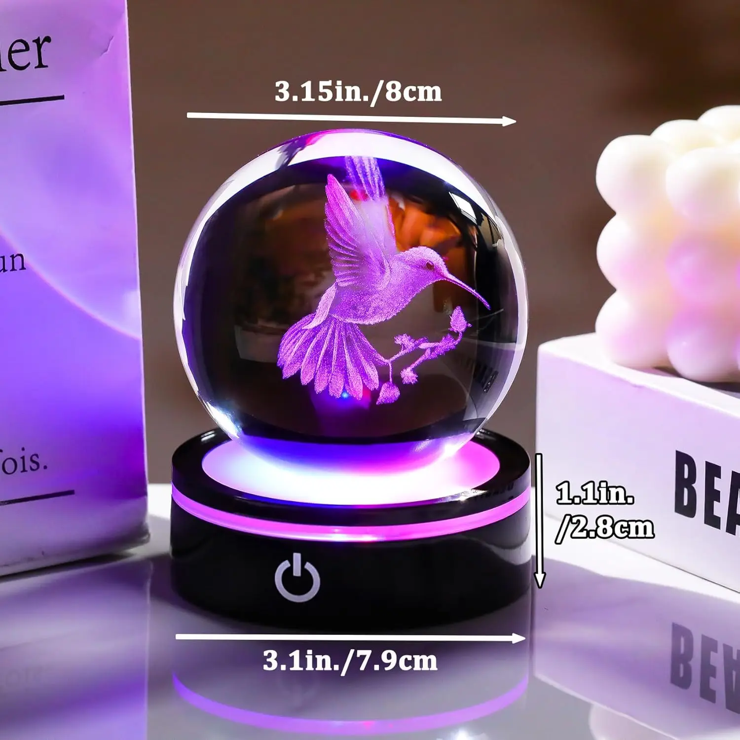 Estatueta de beija-flor com bola de cristal 3d, base de led, presentes para natal, aniversário, ornamento, bola decorativa de vidro para decoração de casa
