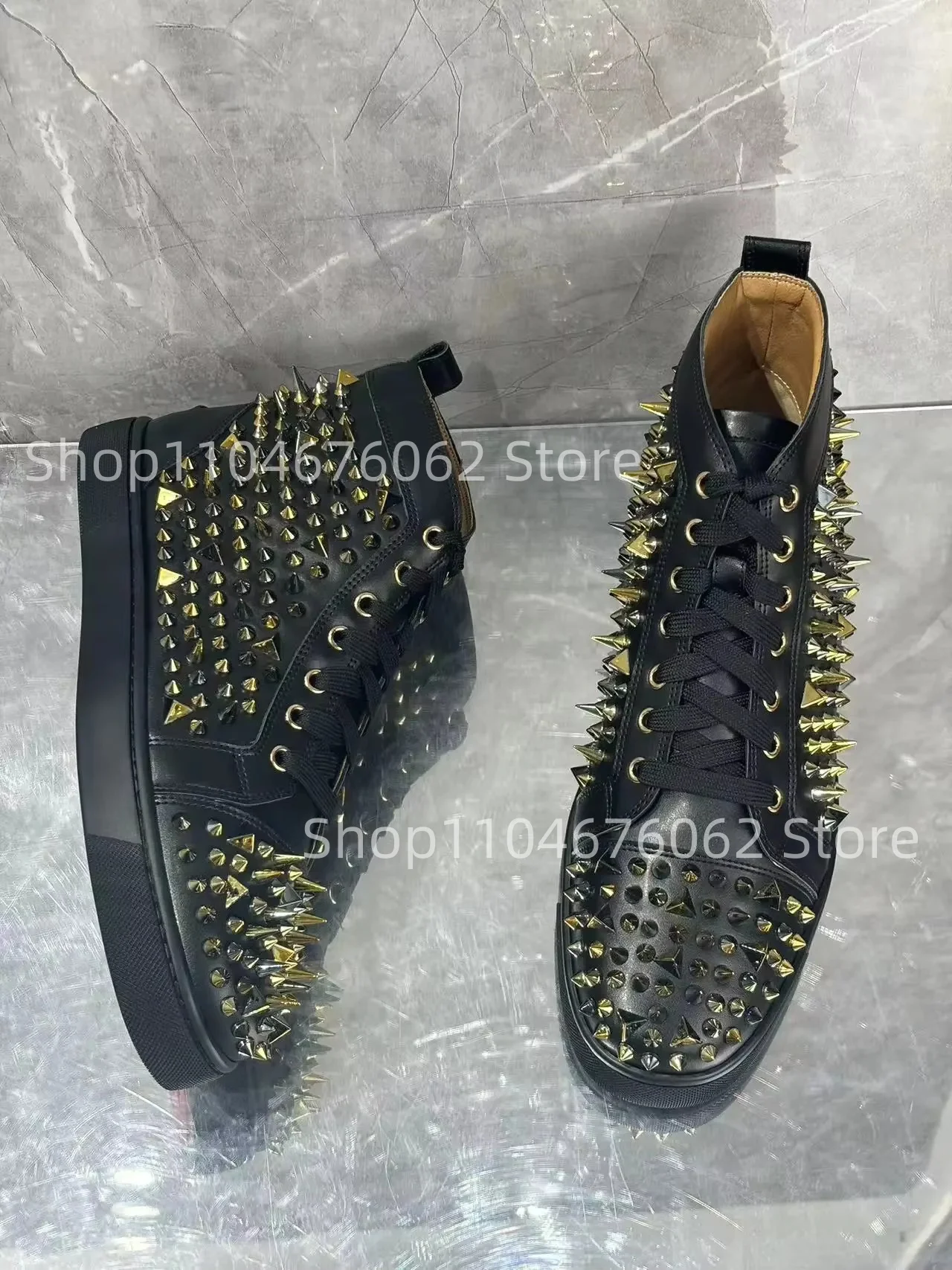 

2025 New Round Toe Flat Strap Rivets Black Men's High Top Casual Sports Shoes Street Punk Office Men Large Size Single Shoes