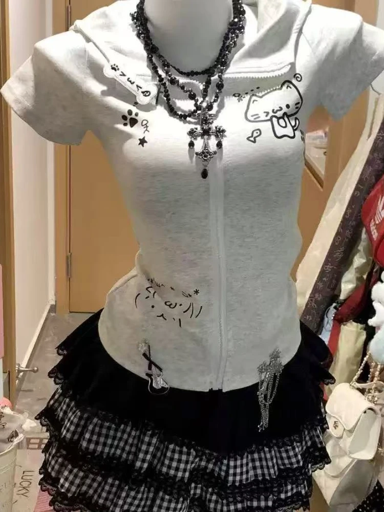 Kawaii رقيقة قصيرة الأكمام تي شيرت المرأة تصميم عادية سليم مقنع القمم الإناث الصيف الحلو اليابانية الجديدة سستة ملابس جميلة #4