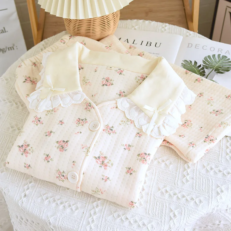 Air Cotton Pajamas Thickened Home Suit Set, Small Fresh Temperament, Warm Autumn And Winter Styles, Skin Friendly Soft Nightwear