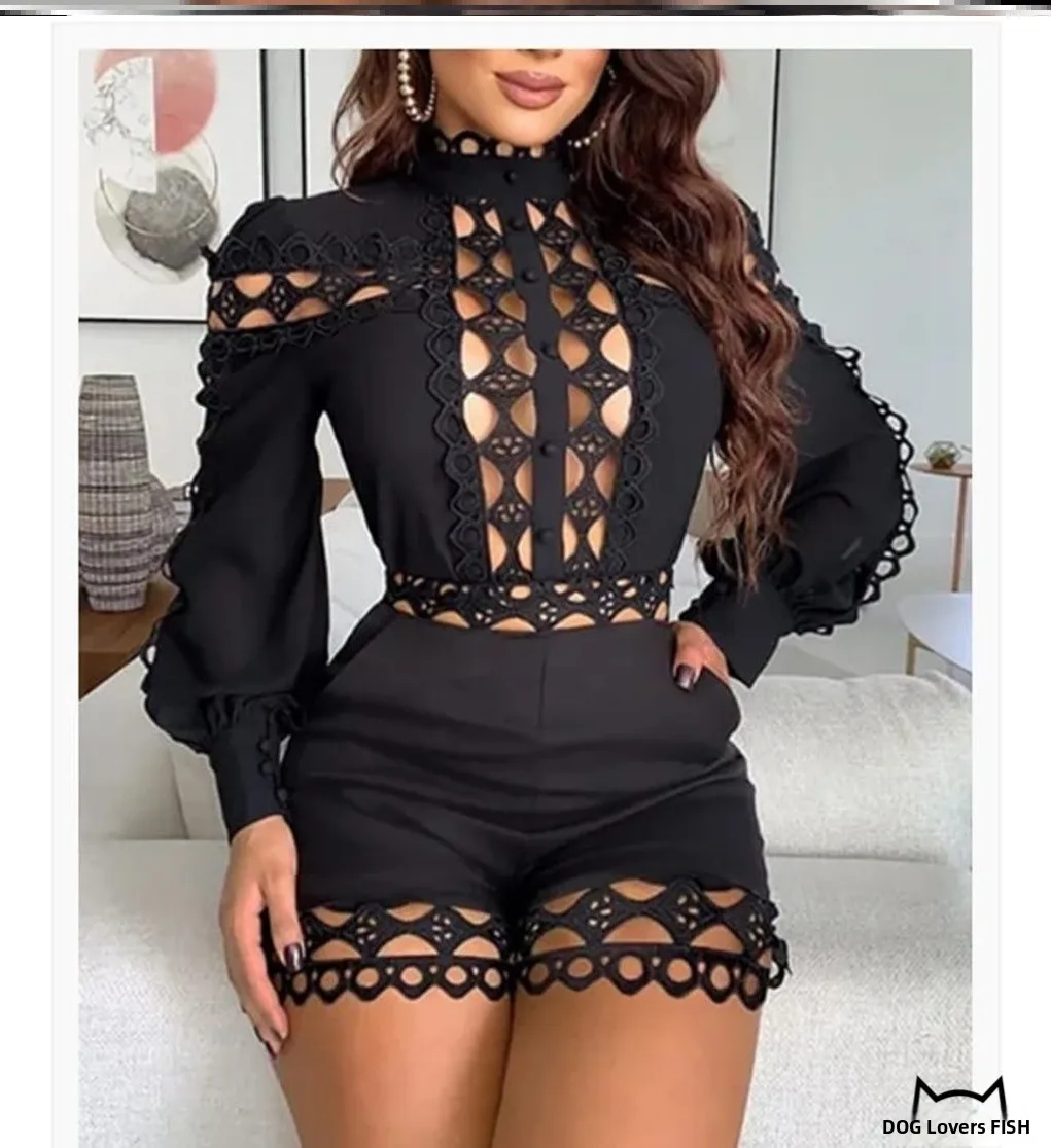 

Faionable Long Sve Jumpsuit, женский цельный костюм с воротником-стойкой и кружевной отделкой, брюки Sli Ensemble, осенняя коллекция