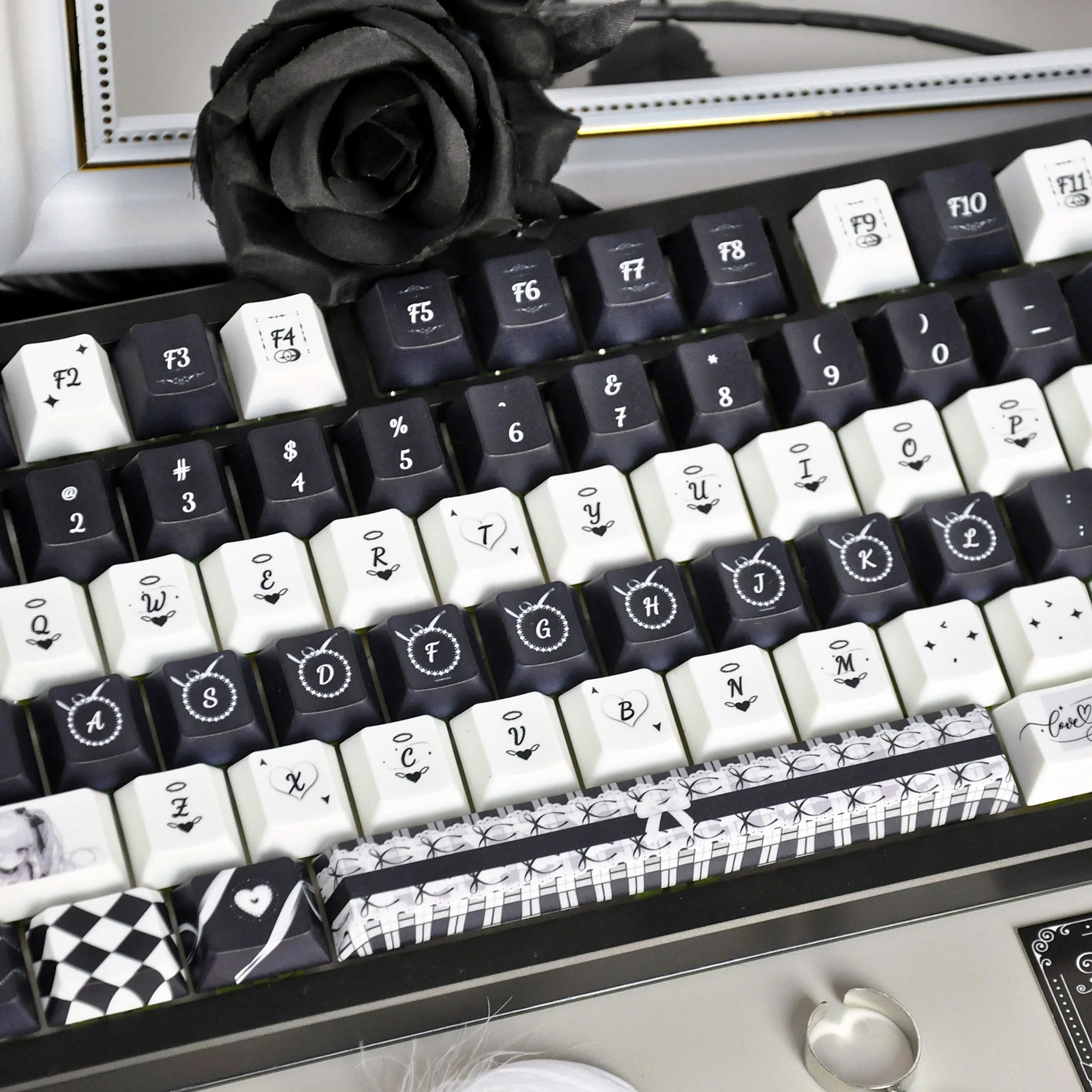 120 Keys Black Nun White Night Dream Keycaps Cherry Cute Black Lace PBT Rounded Transparent High Quality Keyboard Keycaps
