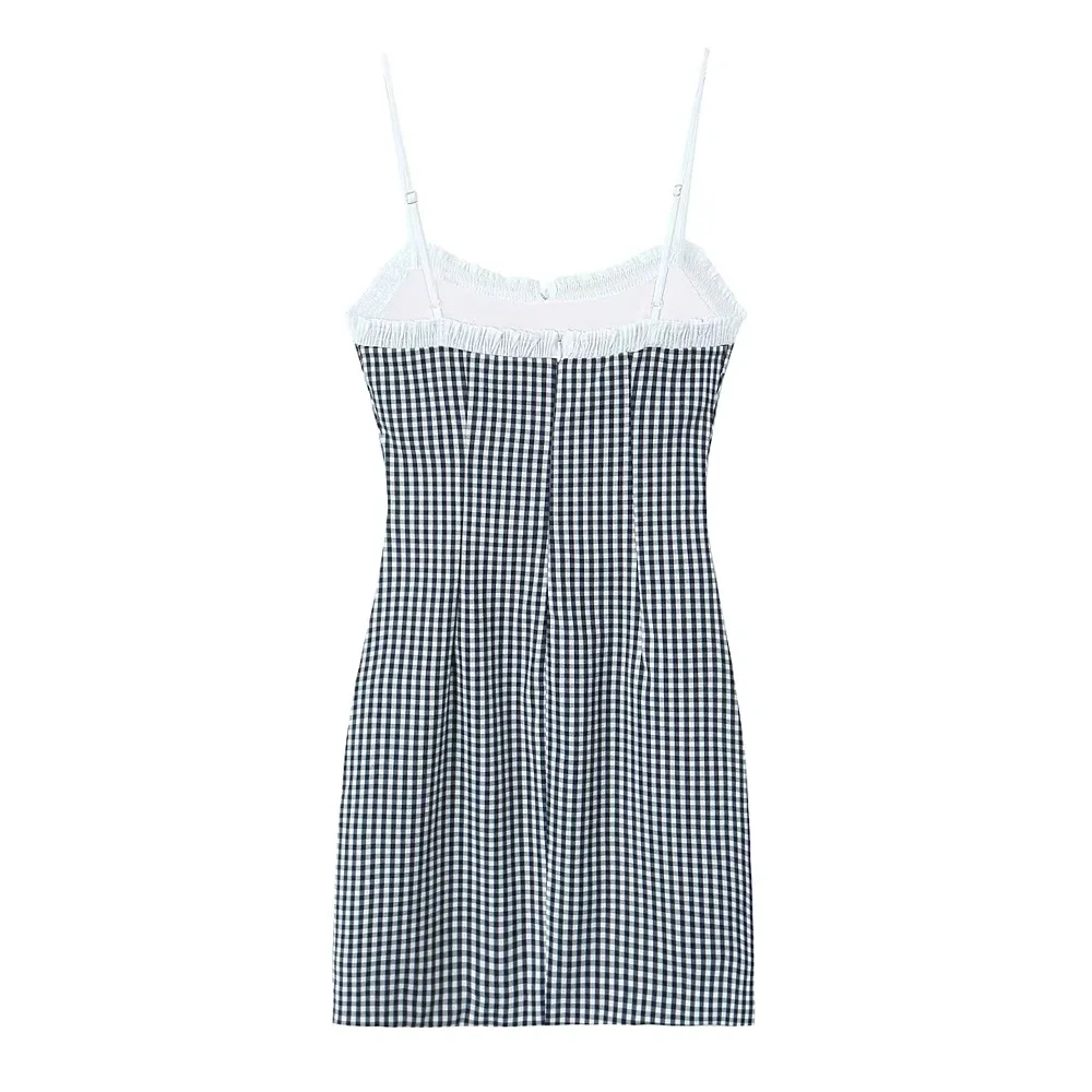 Abiti Primavera Estate Coreano Carino Plaid Con lacci Senza maniche Collo quadrato Mini Cami Abiti quotidiani per le donne