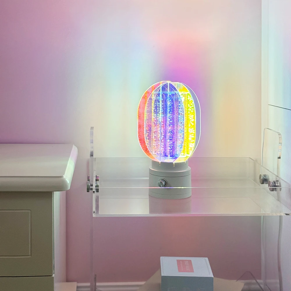 Creative LED Acrylic Rotatable Rechargeable Night Light, Geometric Art Transparent Colorful Bedroom Ambient Lamp Decor Ornament