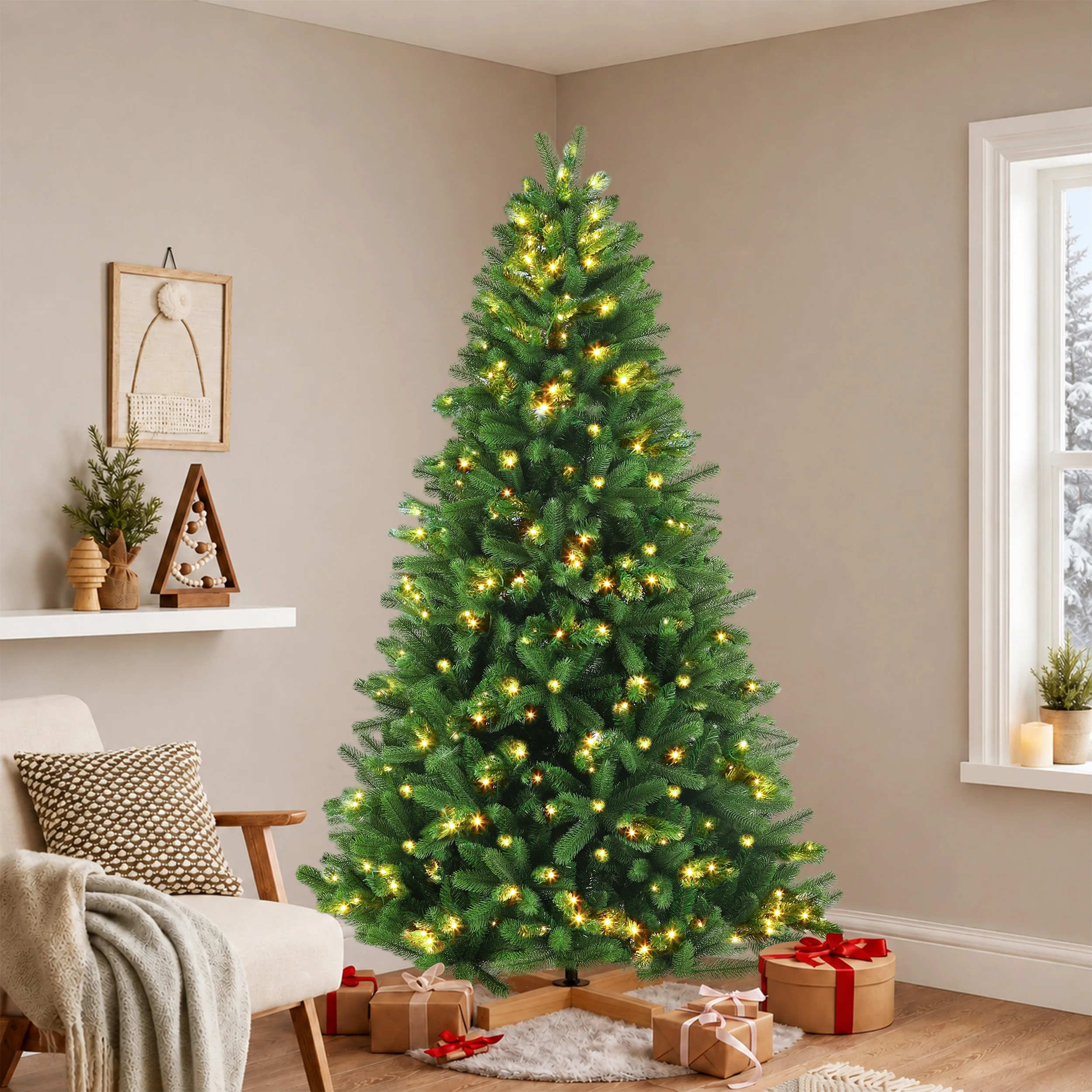 Vorgefertigter künstlicher Weihnachtsbaum mit gemischten PE- und PVC-Zweigen, warmweißes LED-Licht, flammhemmende, geruchlose Spitzen, Holzständer, 180/210/235 cm, vollständig wiederverwendbarer Weihnachtsbaum für Heim-, Büro- und Partydekoration. – Detail 13