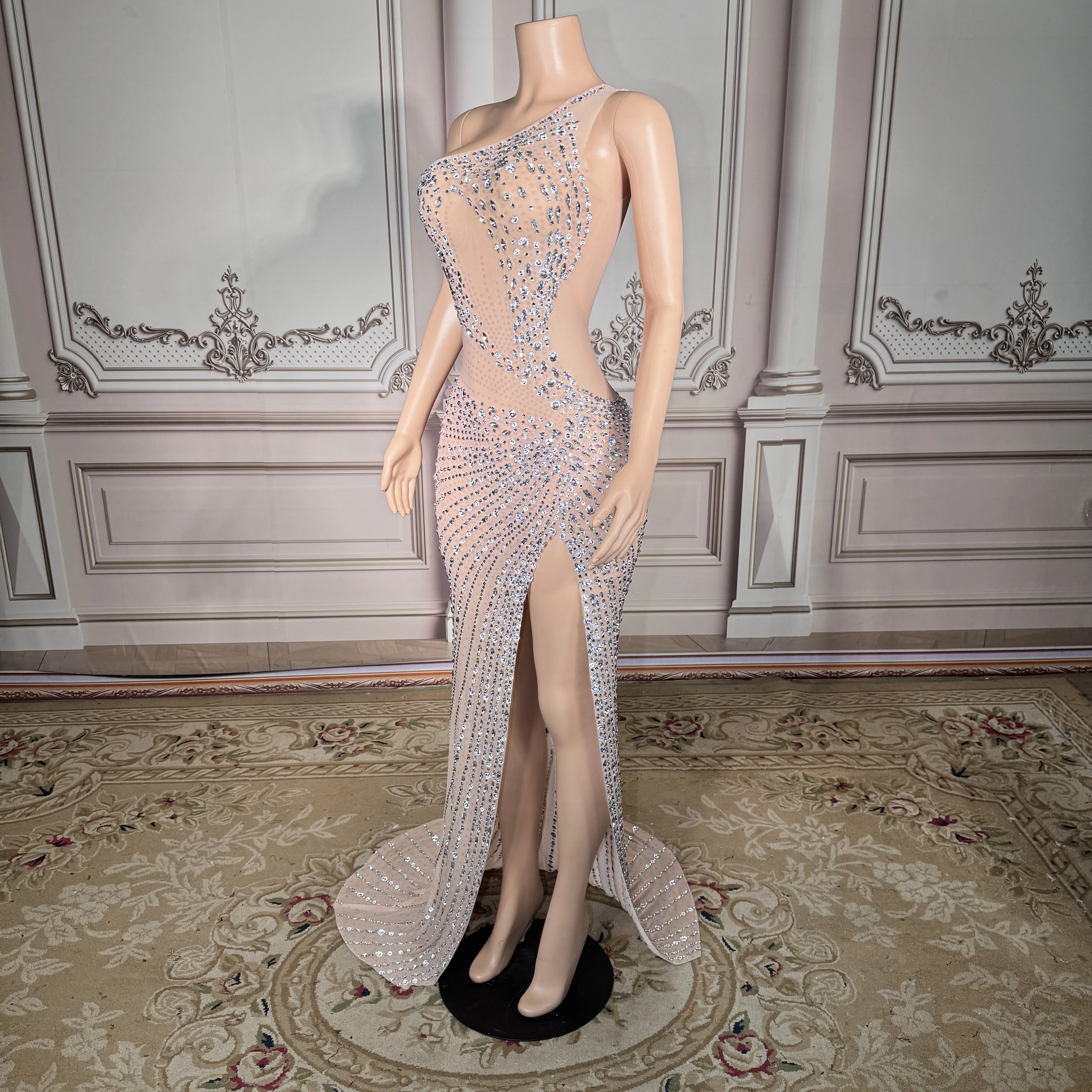 فستان ماكسي نسائي من ZD بكتف واحد للحفلات المسائية أنيق مزين بالترتر وفتحة جانبية