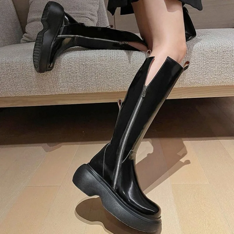 Round Toe Footwear Leather Black Winter Knee High Shaft Platform Biker Long Shoes for Women Ladies Boots 2024 New Waterproof Hot