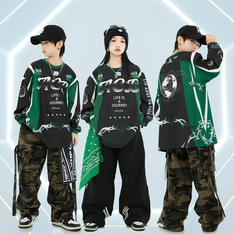 Hip Hop Ragazzi Felpa nera Pantaloni mimetici Ragazze Cappotto da ballo di strada Pantaloni in denim Set di vestiti Bambini Streetwear Costume jazz per bambini