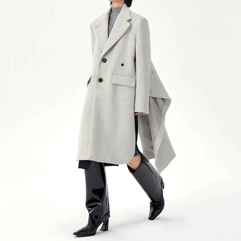 

Personalized back swing profile deconstruction design sense single breasted detachable piece decoration long woolen coat