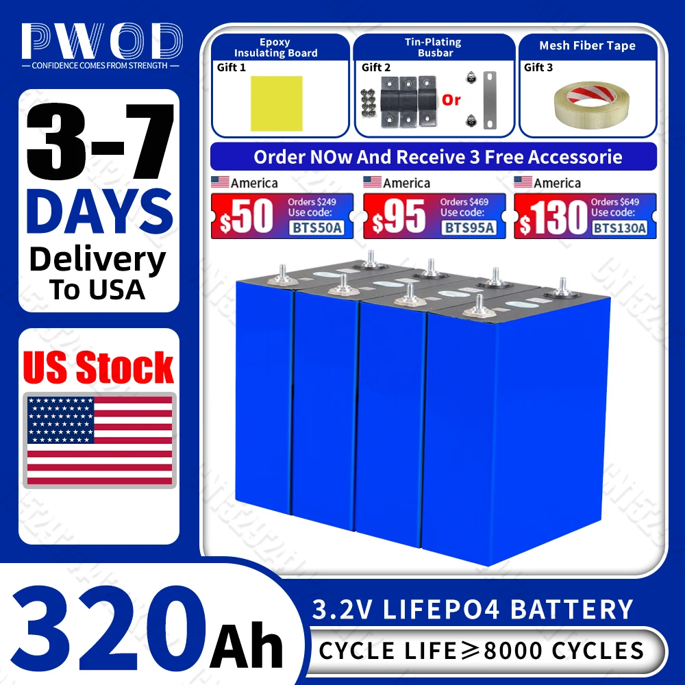 US Stock 320AH Lifepo4 Battery Rechargeable Lithium Iron Phosphate Batteries DIY 12V 24V 48V For EV Golf Cart Boat with Busbars