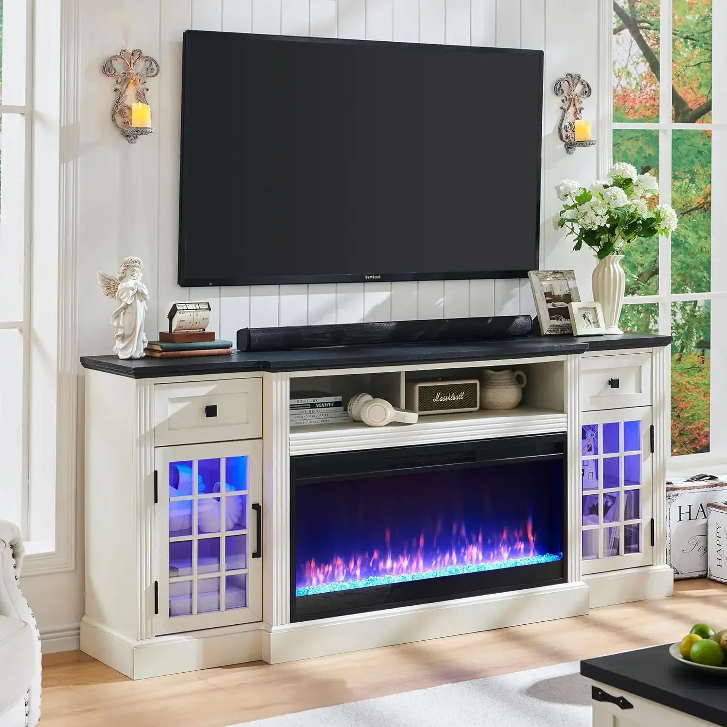 

Fireplace TV Stand for 80 Inch TV, Farmhouse Highboy Entertainment Center w/LED Lights & 36" Electric Fireplace, Storage Drawer