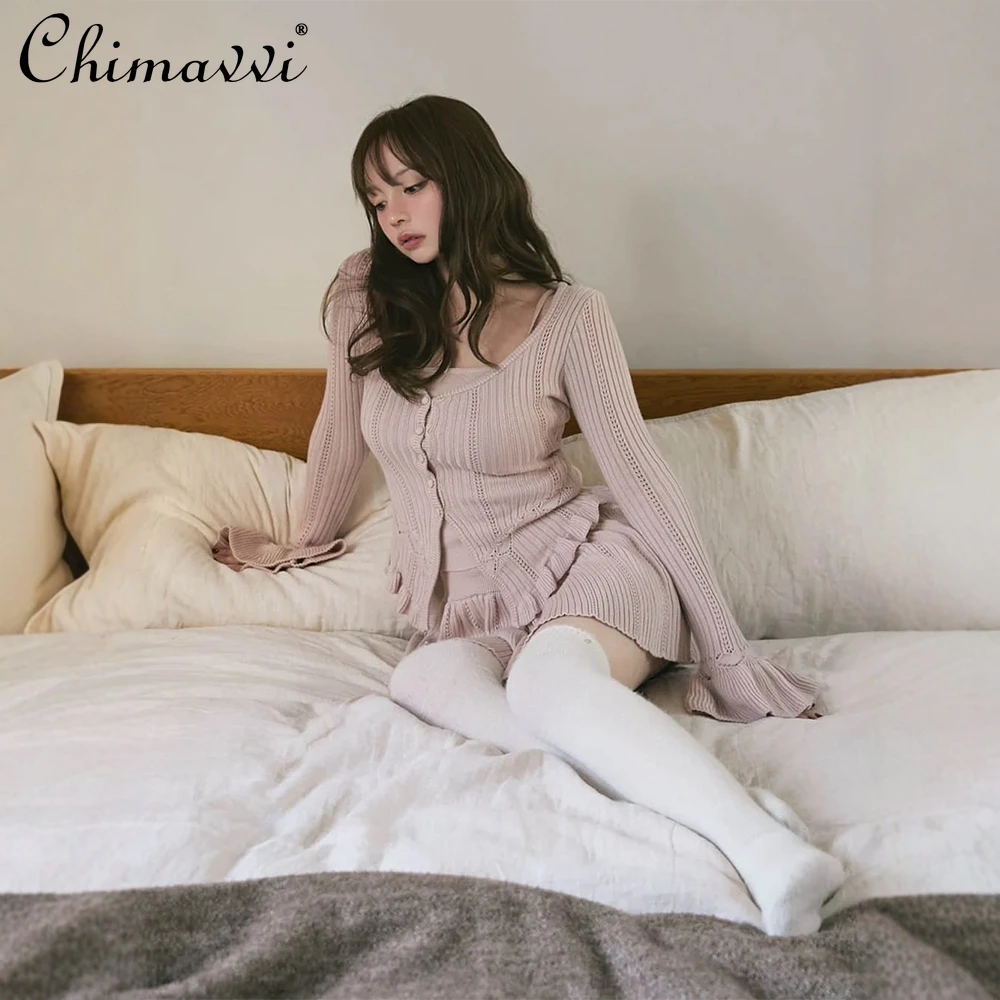 اليابانية الرغبة النقية على شكل قلب الجوف الجاكار محبوك ثلاث قطع مجموعة الحلو فتاة بروتيل بأكمام طويلة سترة تنورة قصيرة