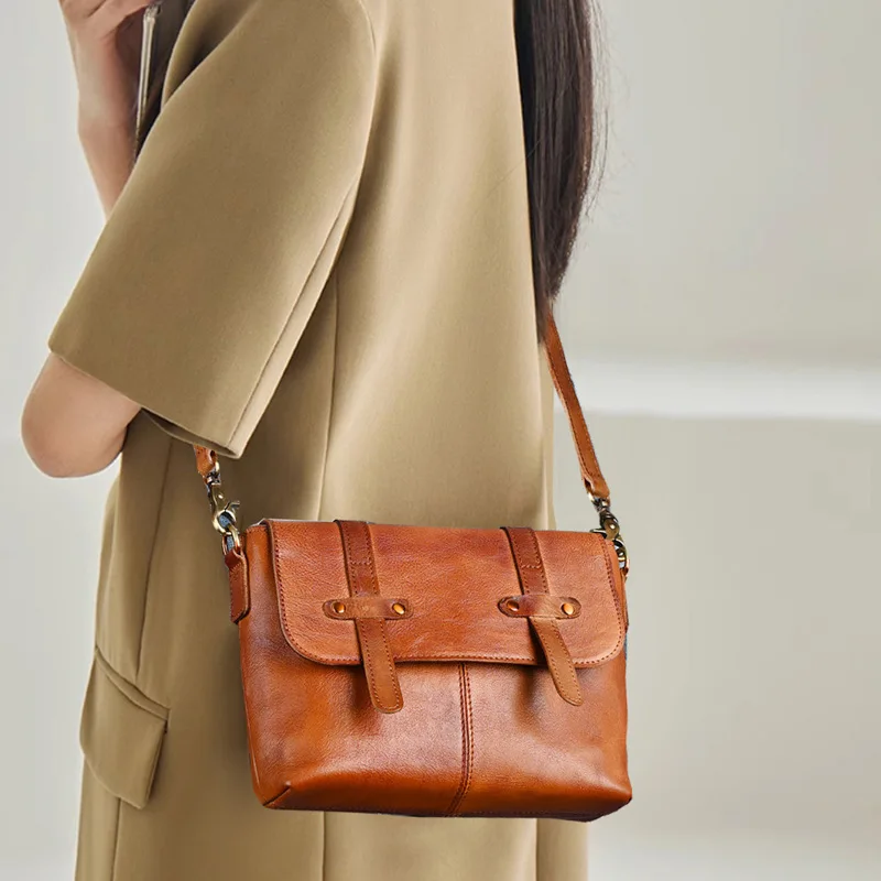 Artisan Hand-Painted Leather Crossbody, Vintage Box Bag fits 7.9" iPad, Top-Grain Cowhide Shoulder Purse