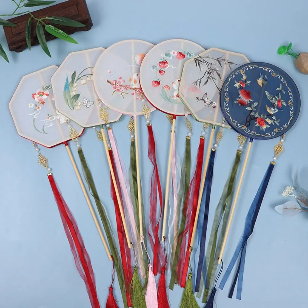 Classical Chinese Style Round Fan Embroidered Vintage Long Handle Silk Fan With Tassel Semi-transparent Hanfu Hand Fan