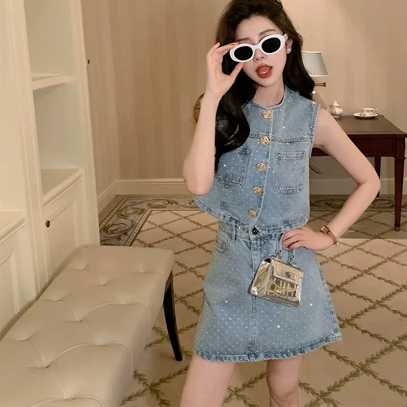 

American Style Suit Women's Summer Diamond Sleeveless Denim Jacket High Waist A-line Skirt Two-piece Set Fashion Female Clothes