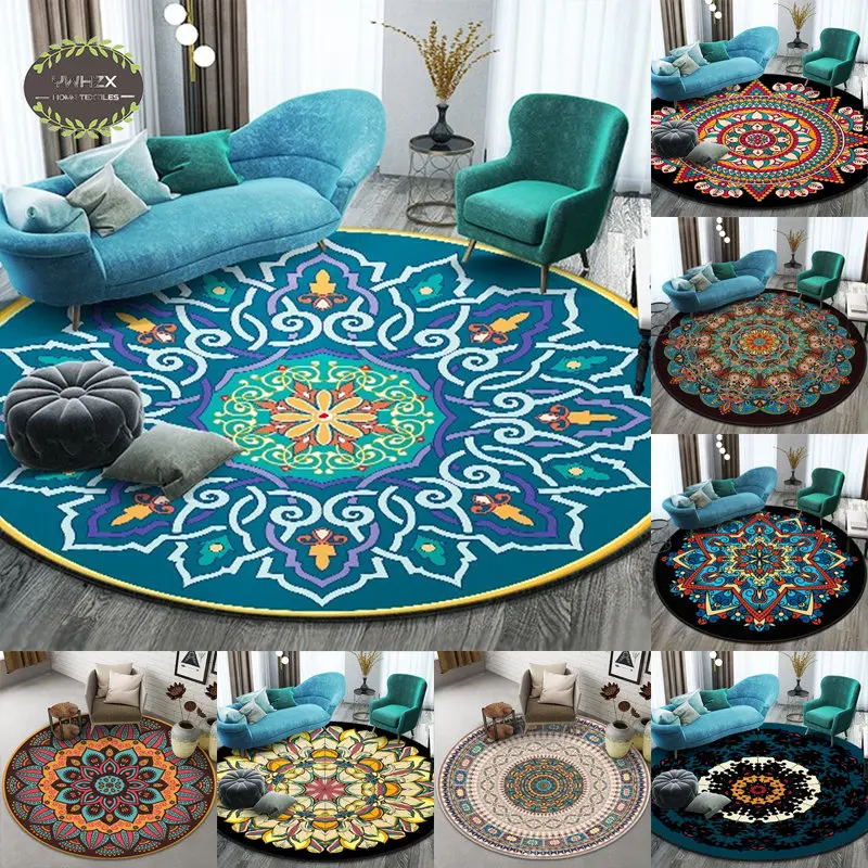 

Ethnic Style Round Carpet Retro Mandala Home Floor Decoration Doormat Living Room Bedroom Bathroom Rug Hallway Entrance Area Mat