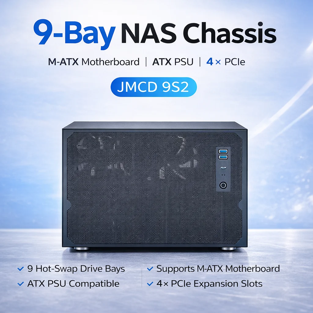 9-Bay NAS Server Chassis, M-ATX / Mini-ITX Motherboard, ATX PSU Support, 4× PCIe Expansion Storage Server Case for Home Lab