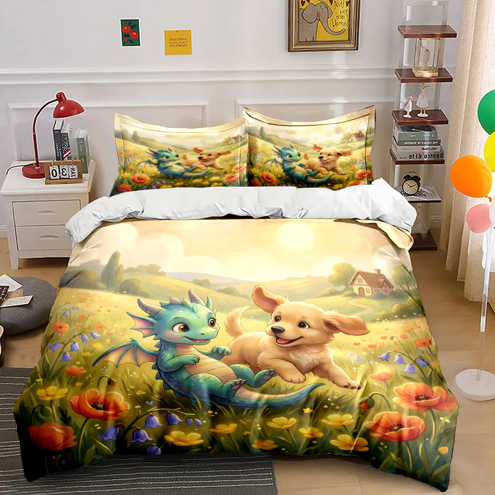 

Puppy and baby dragon playing in meadow Print Bedding Set 1 Duvet Cover 2 Pillowcases for Adult Children Luxury Gift Full Size