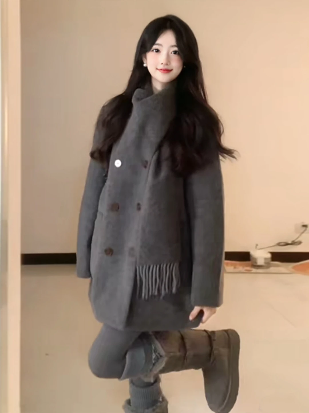 

Женское шерстяное пальто больших размеров в корейском стиле с двубортной застежкой, воротником-шарфом, свободного кроя, стройнящее, весенне-осеннее, модная верхняя одежда