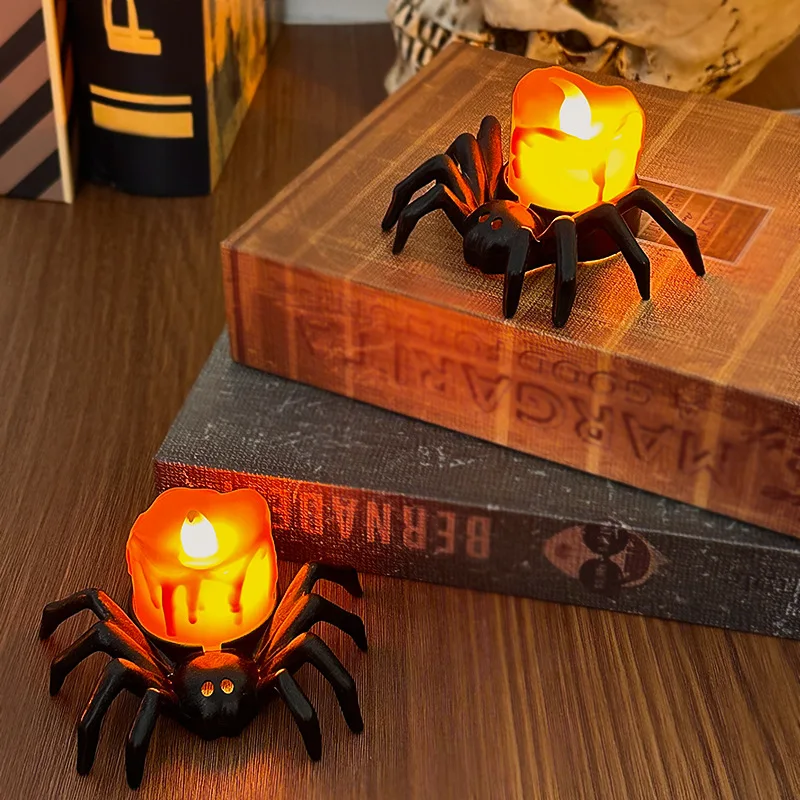 Casa stregata Decorazioni per feste di Halloween Puntelli horror Decorazioni di Halloween Lampada a lume di candela a LED Lampada di zucca ragno in plastica per bar di casa