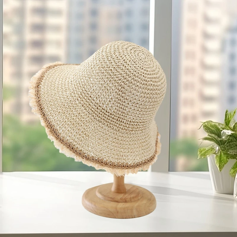 Grass Made Wide Brimmed Fur Edge Sun Hat Breathable  Foldable Sun Protection Fisherman'S Hat Vacation Beach Outdoor Travel Hat