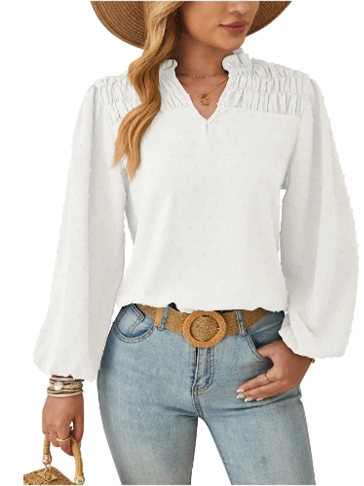 Nice Pleated V-Neck Long Sleeve Shirts Women's Solid Color T-Shirt Female Autumn Elegant Work Top