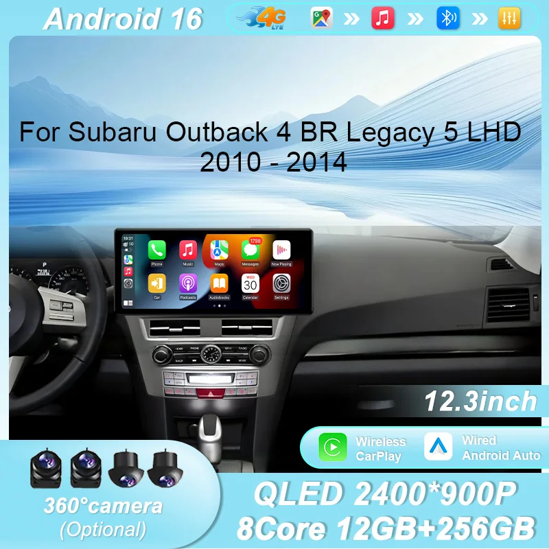 Radio para Auto Android 16 de 12.3 Pulgadas con GPS, Navegación, Bluetooth, WiFi, Pantalla Táctil QLED HD, Unidad Estéreo DSP para Subaru Outback 4 BR Legacy 5 LHD 2010-2014