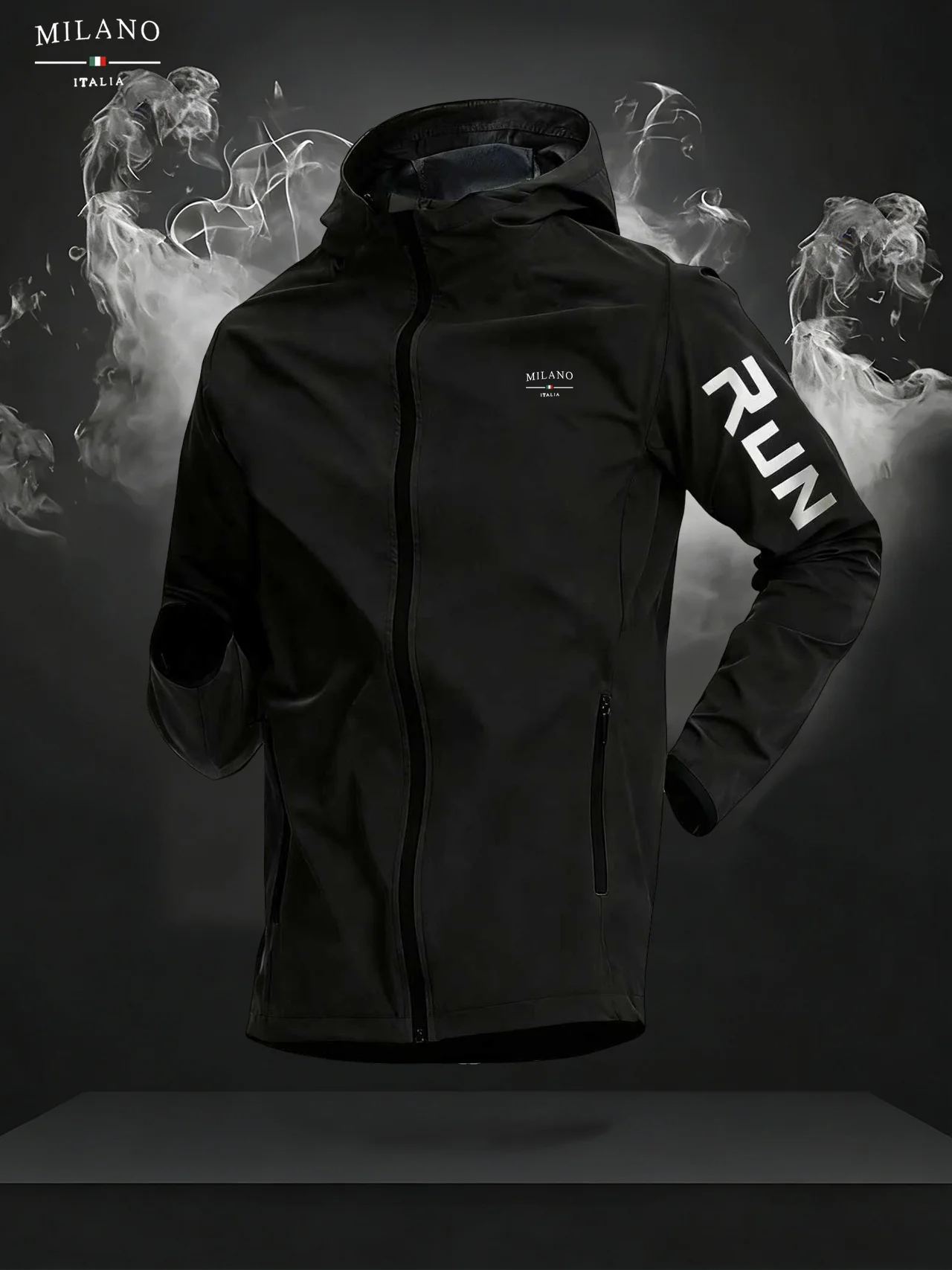 

Men's Milano Italia Lightweight Hooded Running Windbreaker Jacket, Full Zip Up Waterproof Casual Sports Coat with "RUN" Print &
