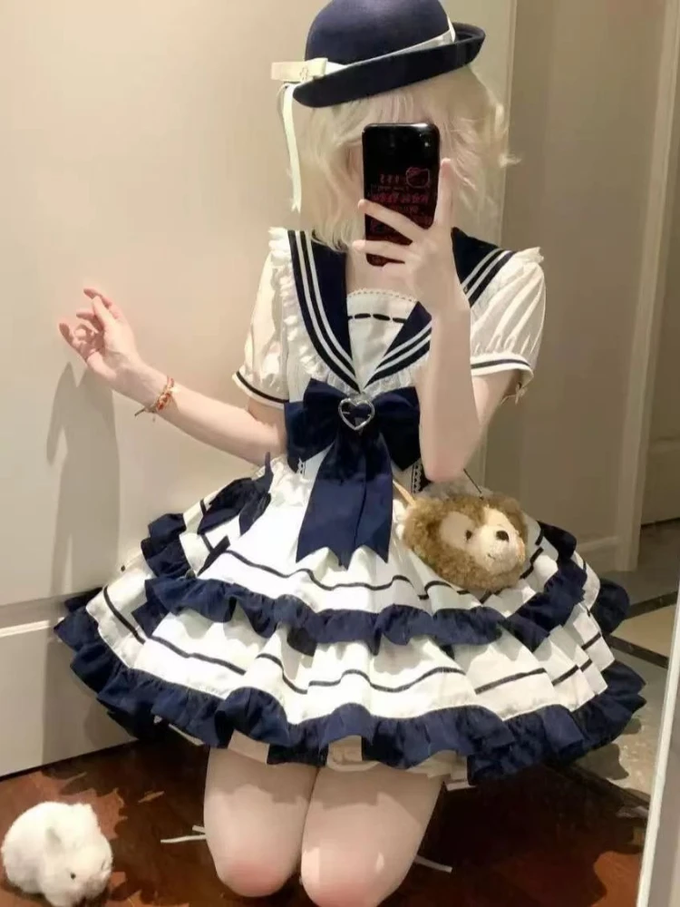 Sweet Cute Girl Navy Collar Short Sleeve Set Japanese Kawaii Lolita Style Lace Bow Dress Sets Sailor Collar Princess Party Dress image 2