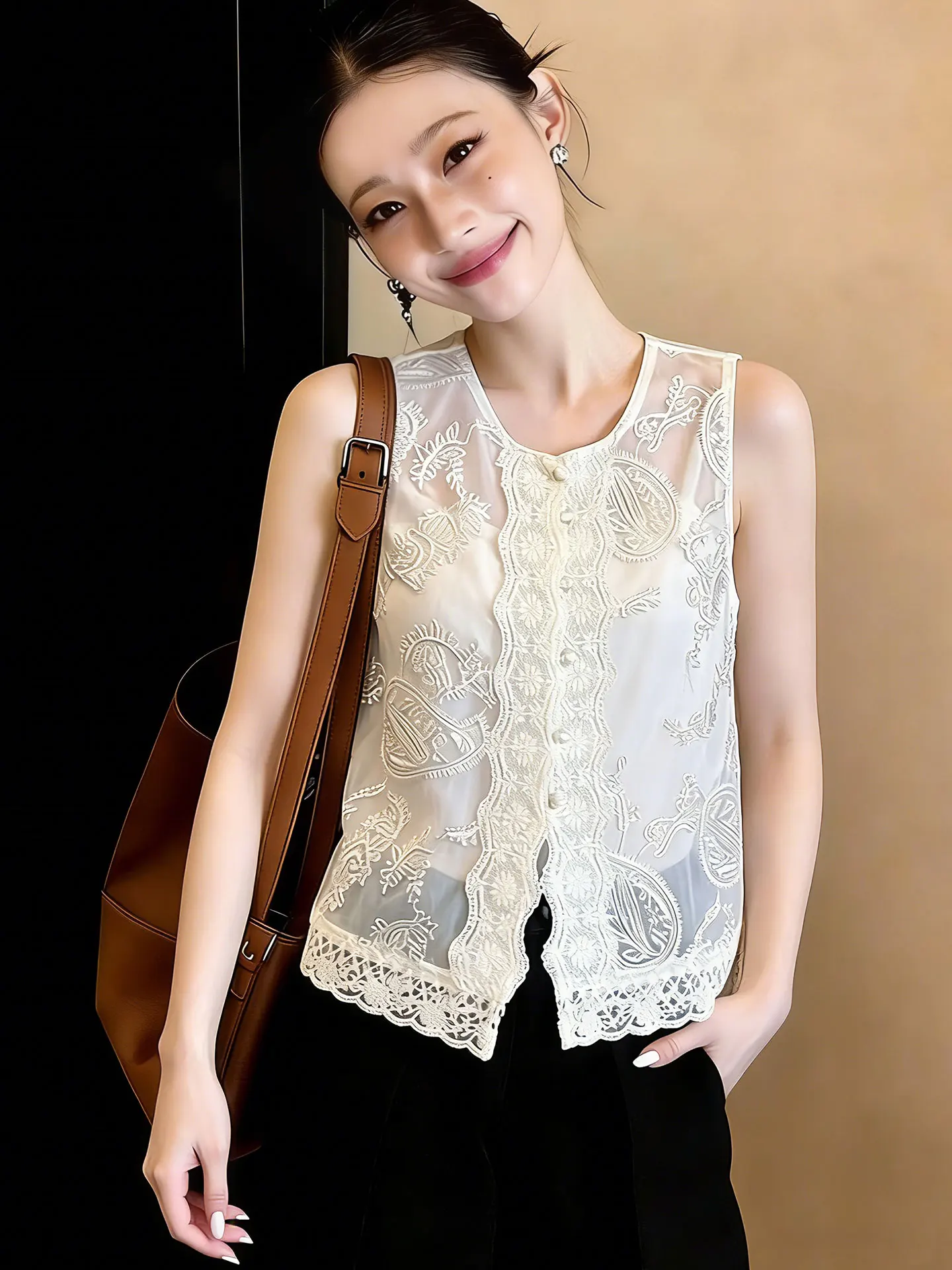 

Женский топ-жилет с вышивкой Ele, модный корейский стиль, прямой крой, из шелковистой ткани, весна-лето