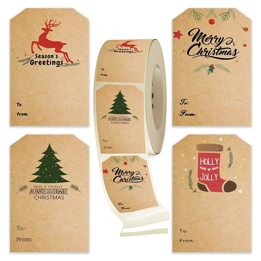 50-100pcs 5*7.5cm Merry Christmas Gift tags Sticker Kraft Paper Handwritten Name Christmas Tree Elk Label DIY Party Scrapbook