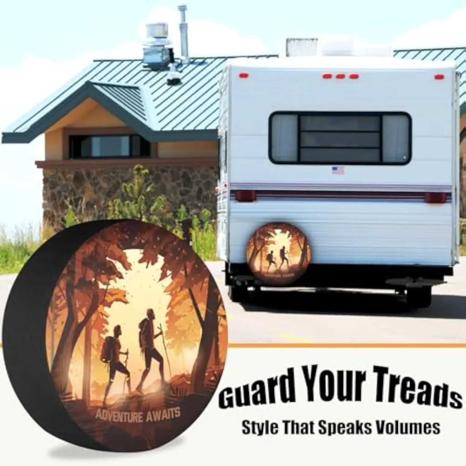 Adventure Awaits Hiking Couple Tire Cover Weatherproof Spare Wheel Cover for RV Trailer SUV