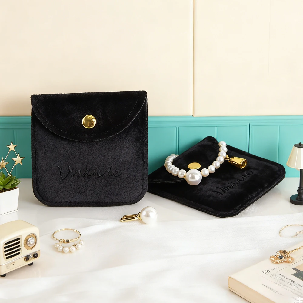 

100Pack Custom Logo Small Black Velvet Snap Pouch for Jewelry Gift Packaging Bag Pouch for Necklace Earring Bracelet Ring Bags