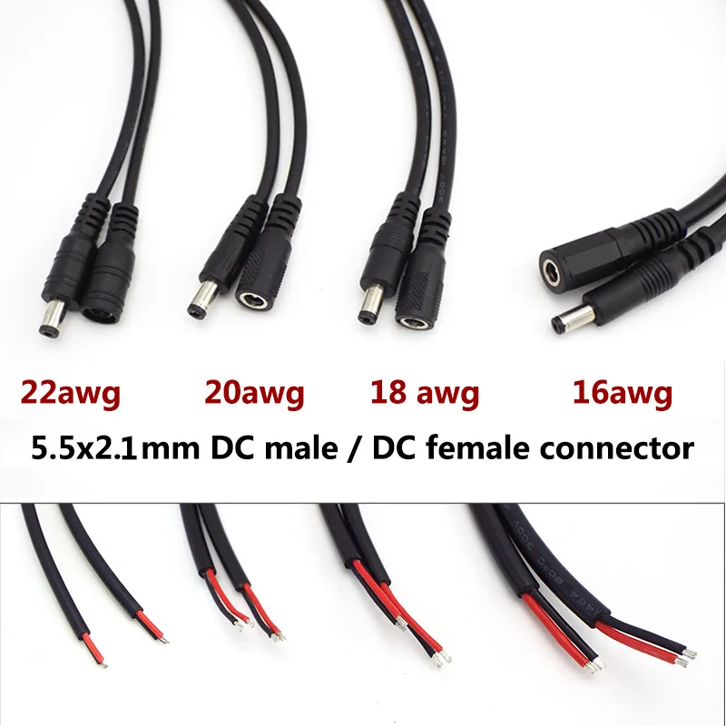 16/18/20/22awg 7A 10A DC Male Female Power Supply Connector extension Cable 5.5x2.1mm Copper Wire Current For LED Strip light