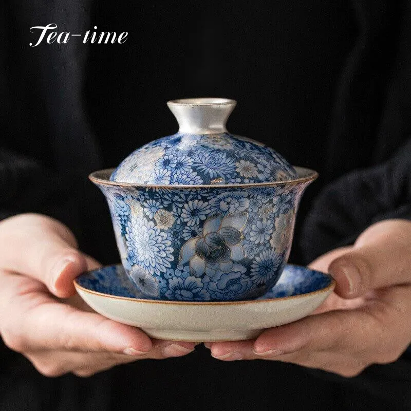 

120ml Flower Covered Bowl Gilt Silver Ceramic Tea Tureen Teacup Kung Fu Tea Set Gaiwan Household Enamel Colored Bubble Tea Bowl