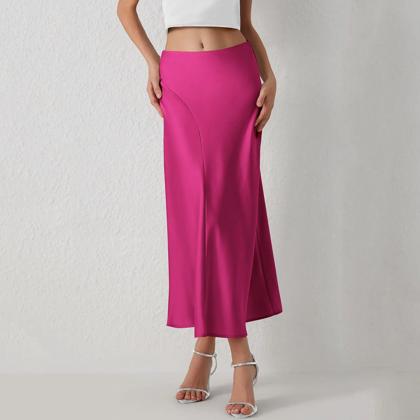 

Spring Summer Elegant Satin Silk Midi Skirts for Women New Pink Slim Fit High Waist Fishtail Skirt Cocktail Party Long Skirts