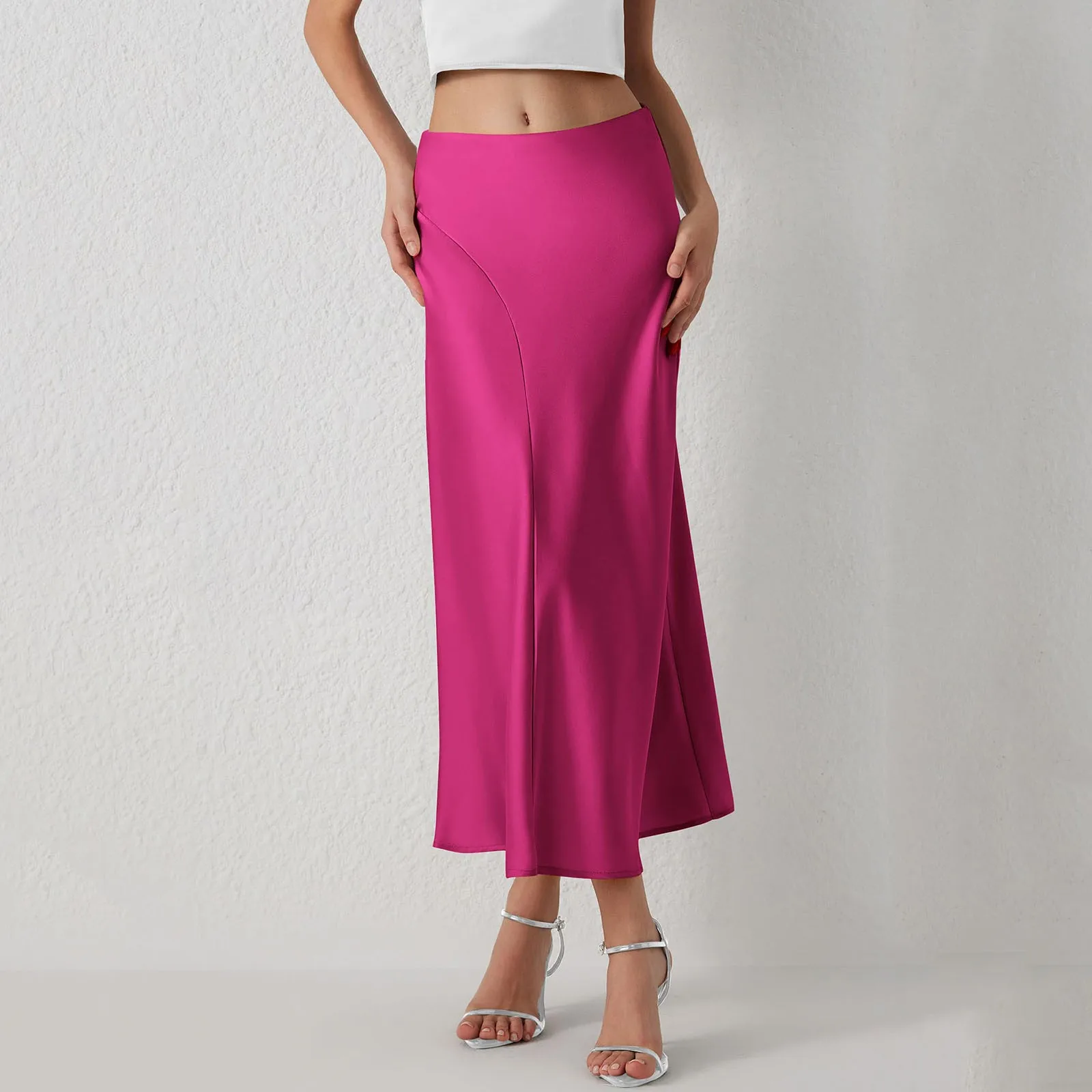 

Fashion Hot Pink Satin Silk Party Midi Skirts for Women Spring Summer New Slim Fit High Waist Fishtail Skirt Cocktail Long Skirt