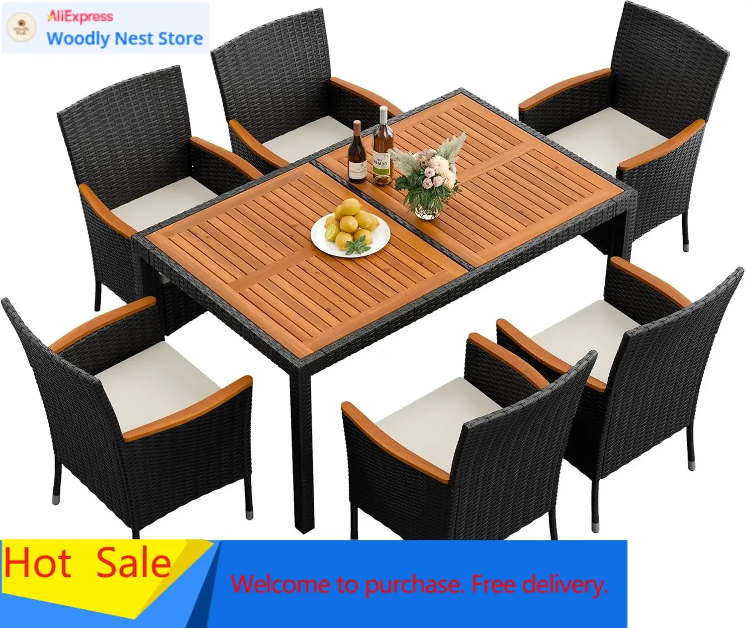 7 Piece Patio Dining Set Outdoor Acacia Wood Table and Chairs with Soft Cushions Wicker Patio Furniture for Deck, Backyard, Gard